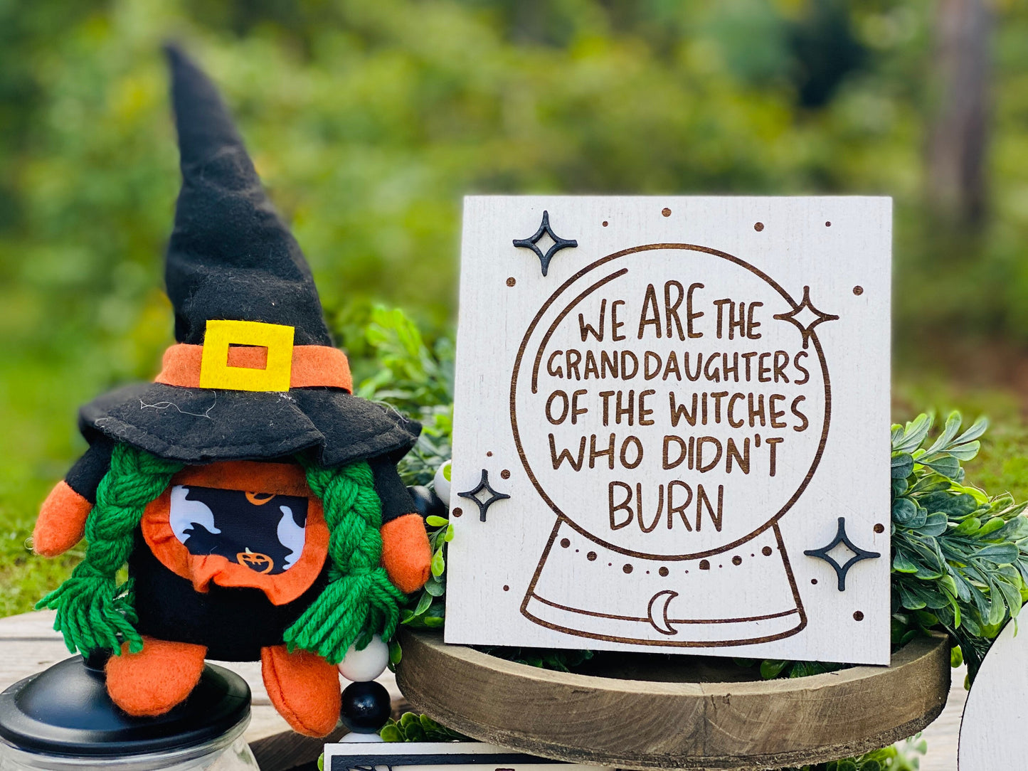 Witches tier tray set, home decor, crystal ball, Witch sisters, ouija board, seance, billy, we fly, halloween,mini signs, brooms, spell book