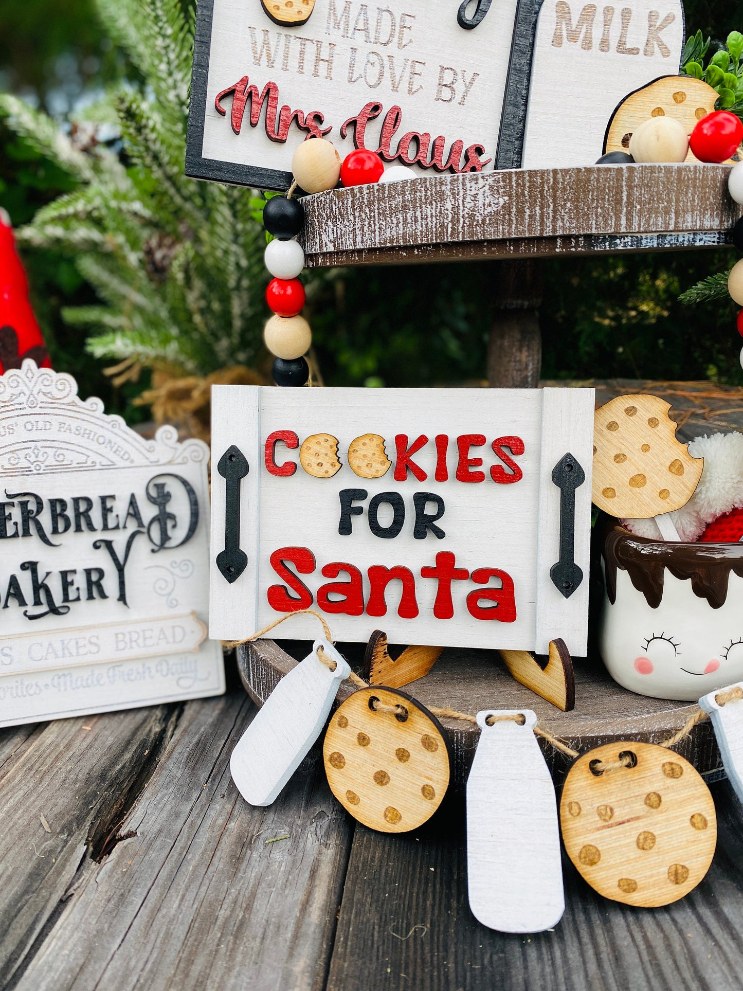 Christmas decor / tier tray decor / home decor / Rae dunn decor / merry Christmas / Santa’s cookies / bakery / milk / Mrs Claus