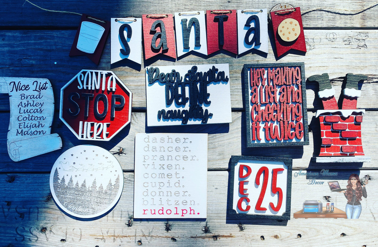 Christmas tier tray decor, Santa stop here, nice list, naughty list, Santa’s reindeer, home decor, Christmas decor, dear Santa, Rudolph