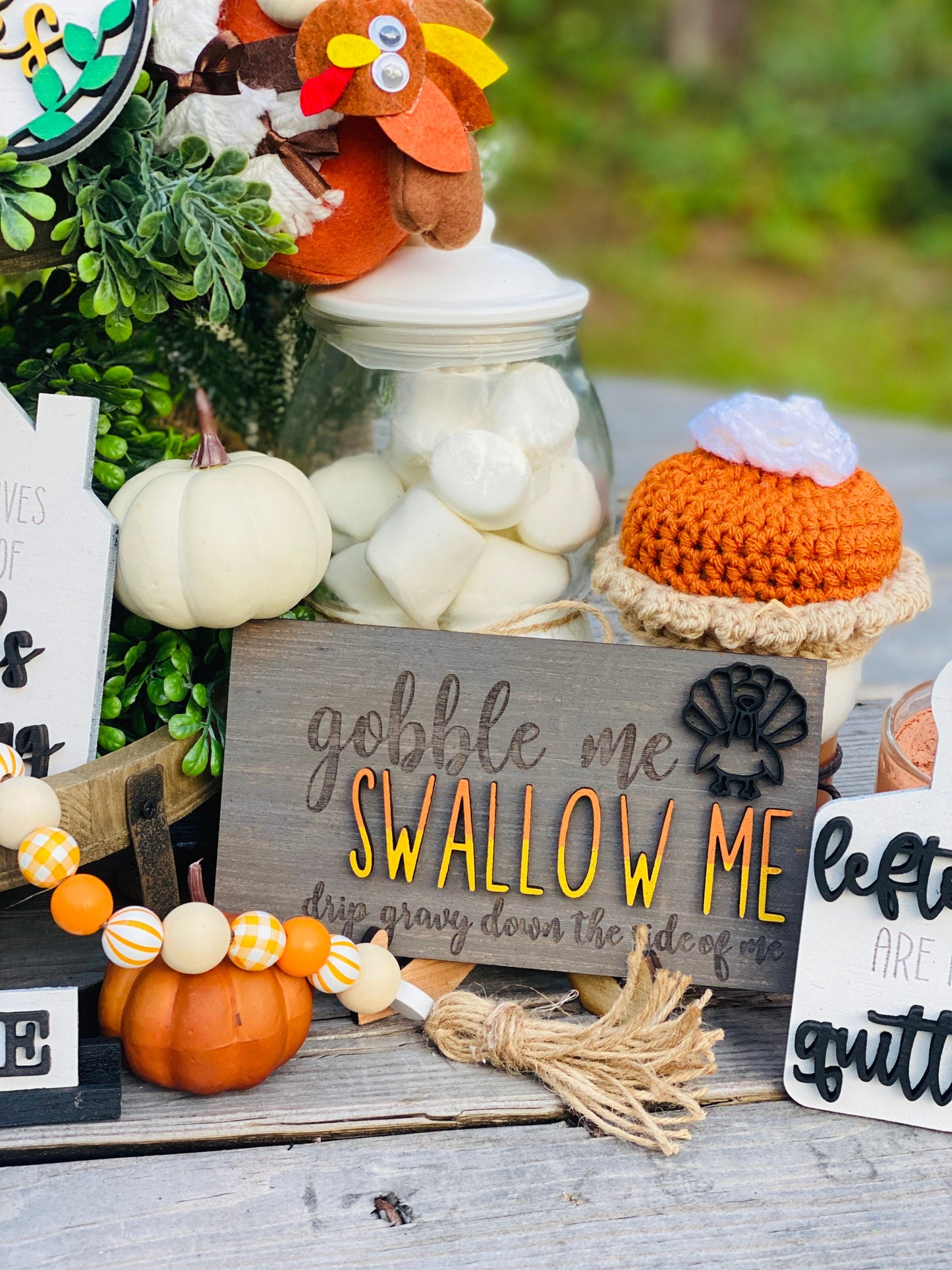 Fall tier tray decor, home decor, autumn, farmhouse, thanksgiving tier tray, 3d, mini signs, give thanks, gobble, drip gravy over me