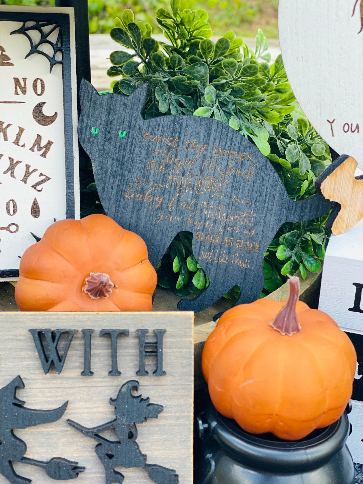 Witches tier tray set, home decor, crystal ball, Witch sisters, ouija board, seance, billy, we fly, halloween,mini signs, brooms, spell book