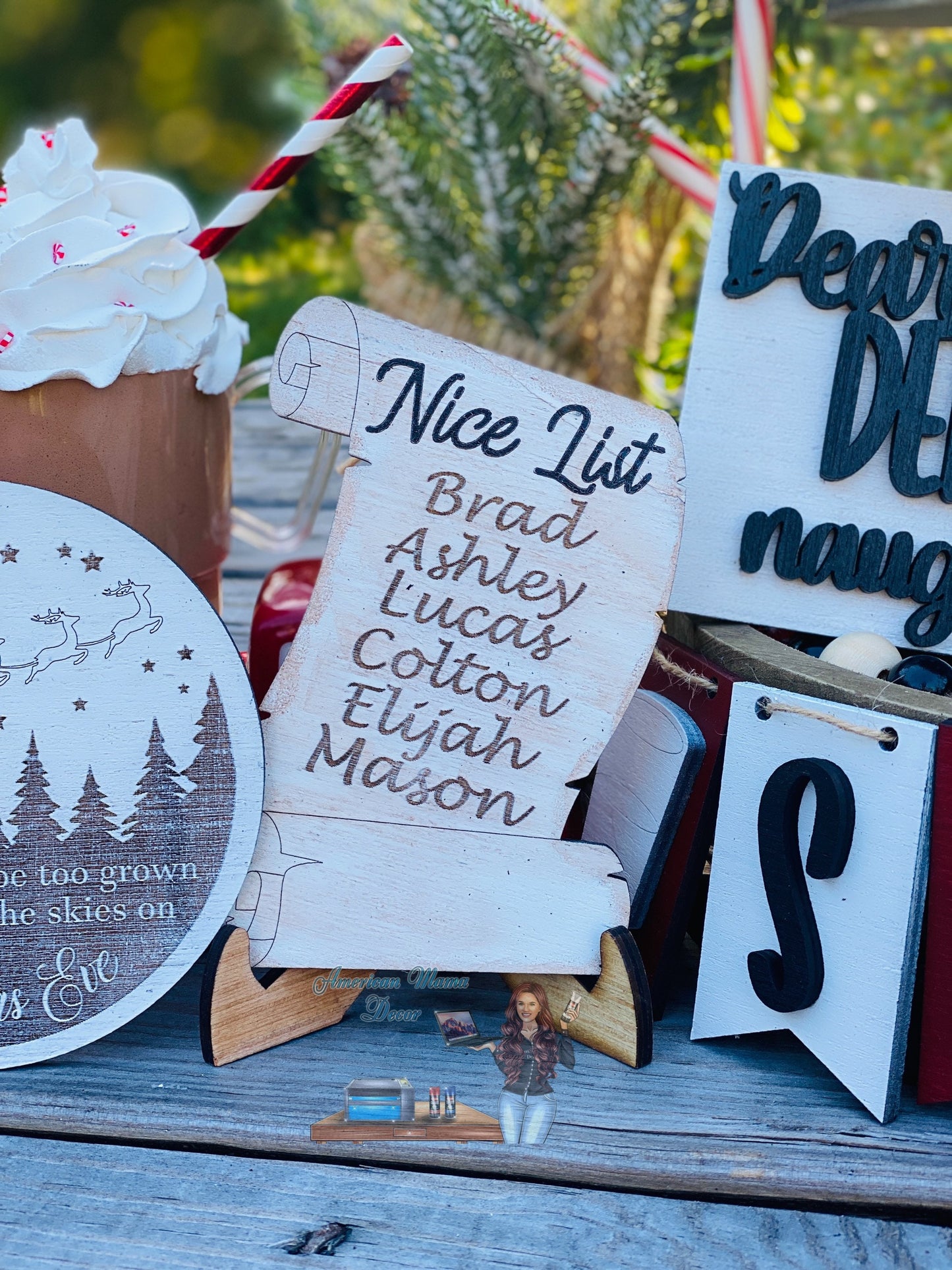 Christmas tier tray decor, Santa stop here, nice list, naughty list, Santa’s reindeer, home decor, Christmas decor, dear Santa, Rudolph