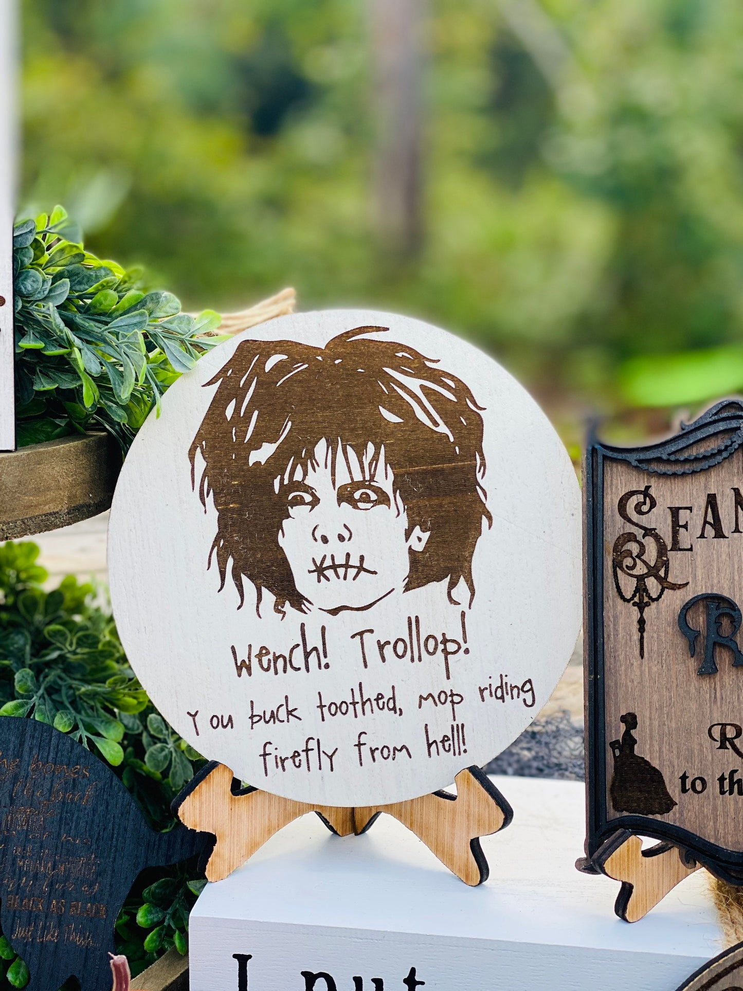 Witches tier tray set, home decor, crystal ball, Witch sisters, ouija board, seance, billy, we fly, halloween,mini signs, brooms, spell book