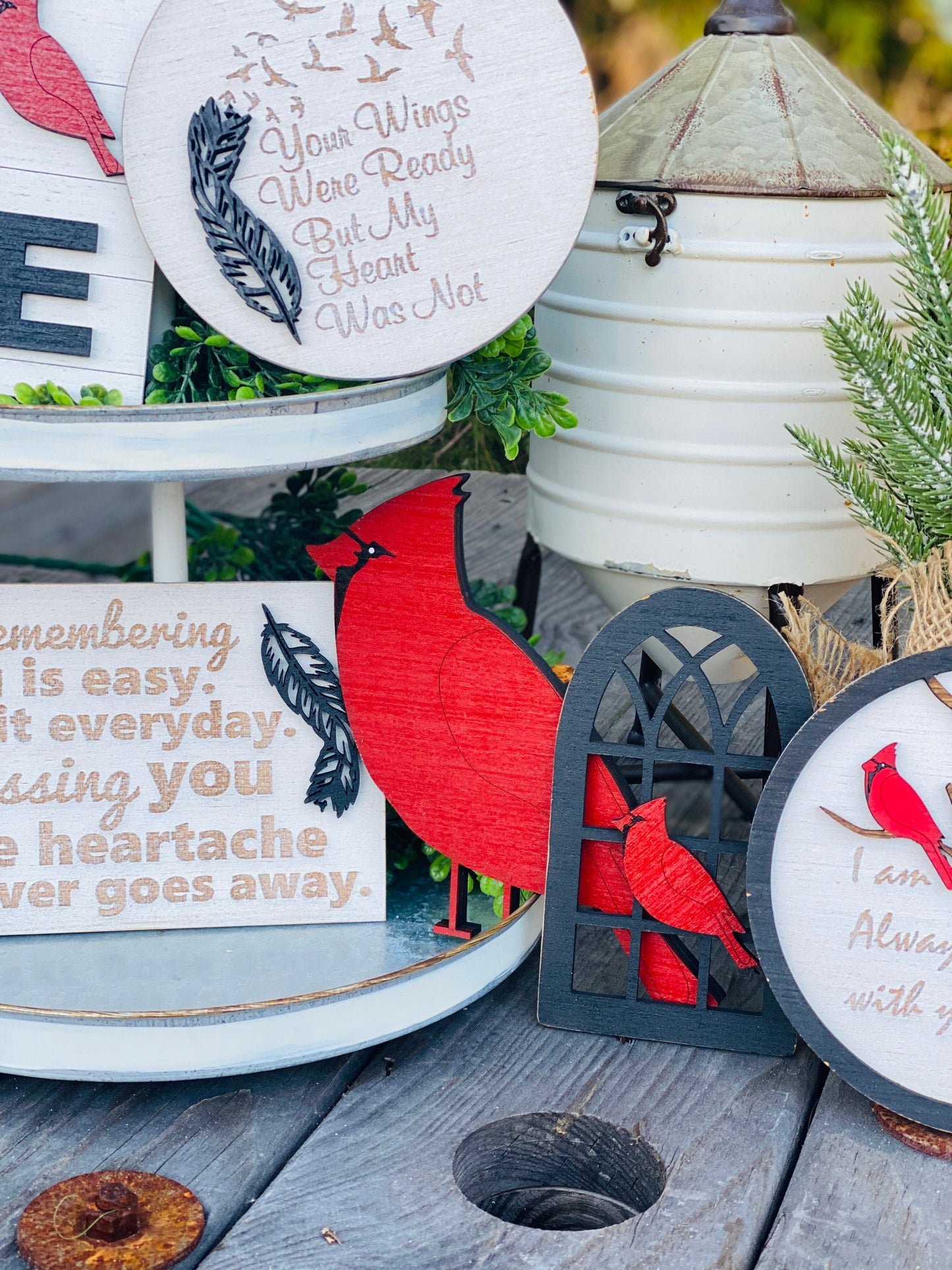 Memorial tier tray decor, cardinals, home decor, Rae dunn decor, angels appears, missing you, wings were ready, farmhouse decor, tier tray