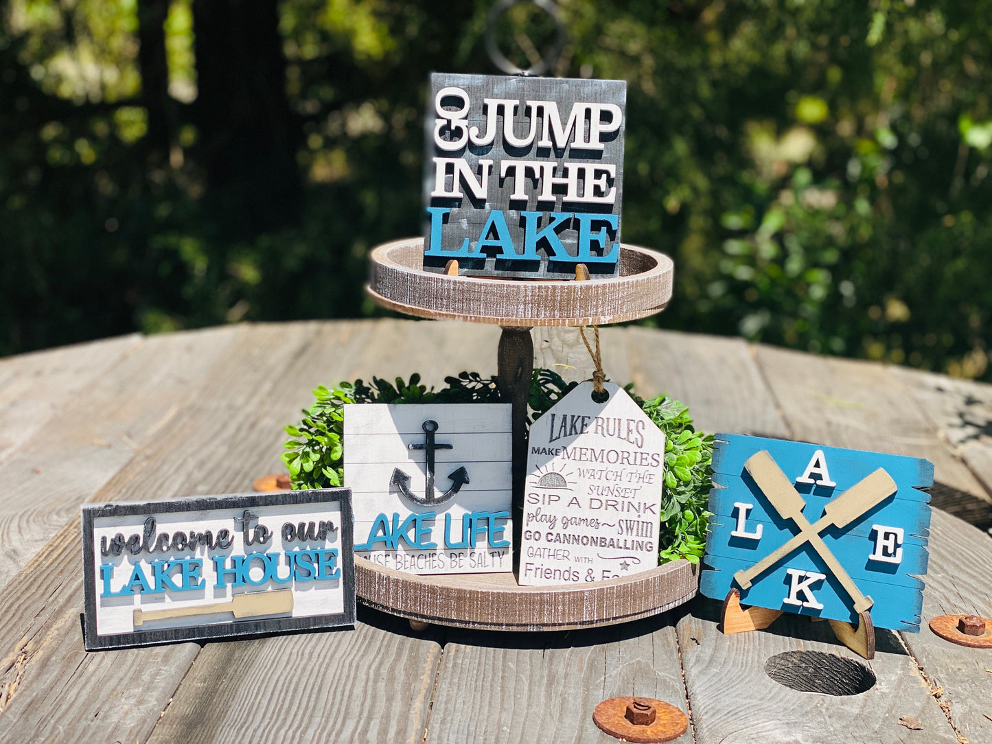 Lake life tier tray, home decor, jump in the lake, lake house, welcome, lake life, lake rules, beaches be salty, summer decor