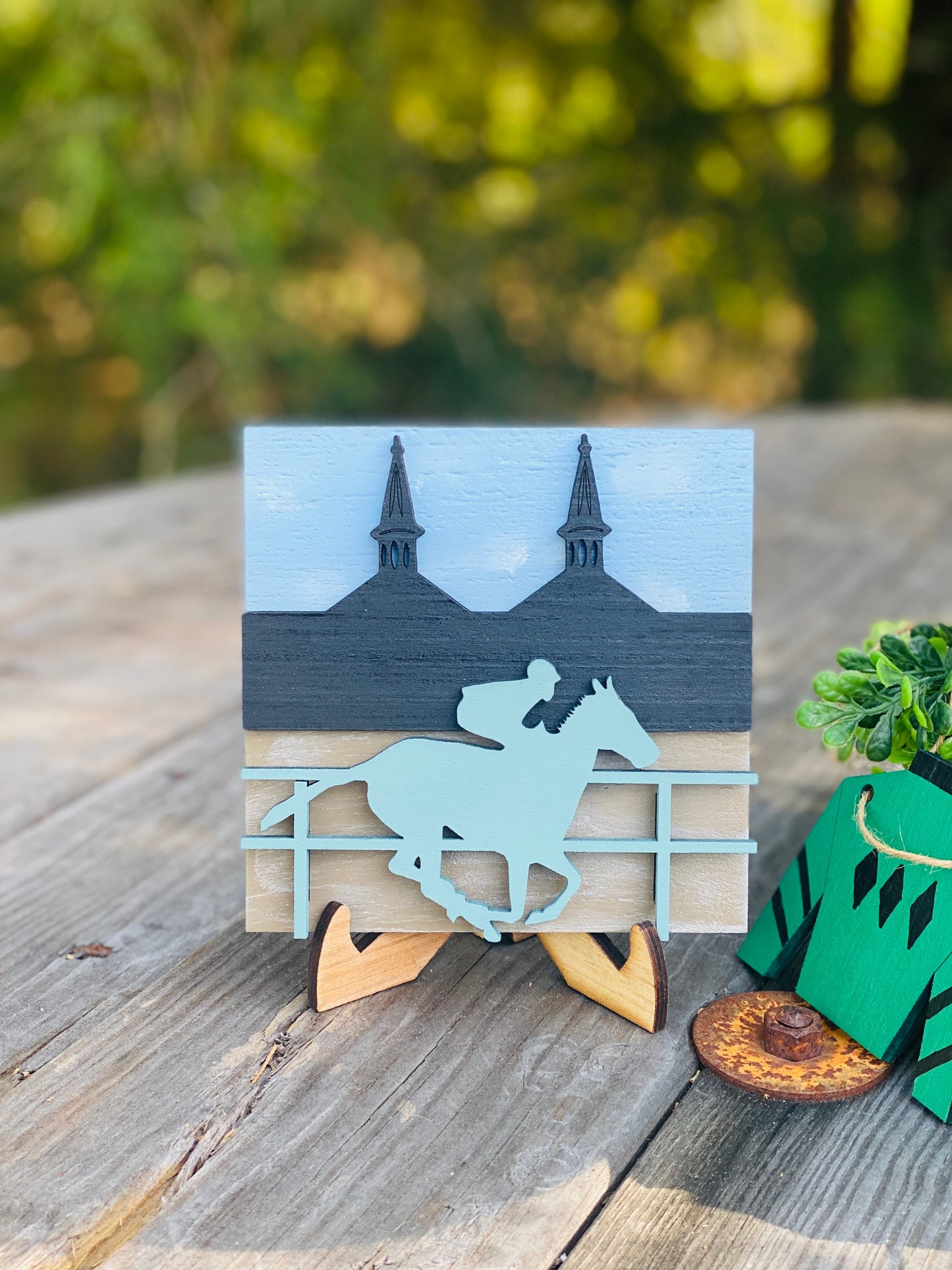 Kentucky derby tier tray set, tier tray decor, talk derby to me, lucky, horseshoe, jockey, race horse, jockey silks, hutch decor