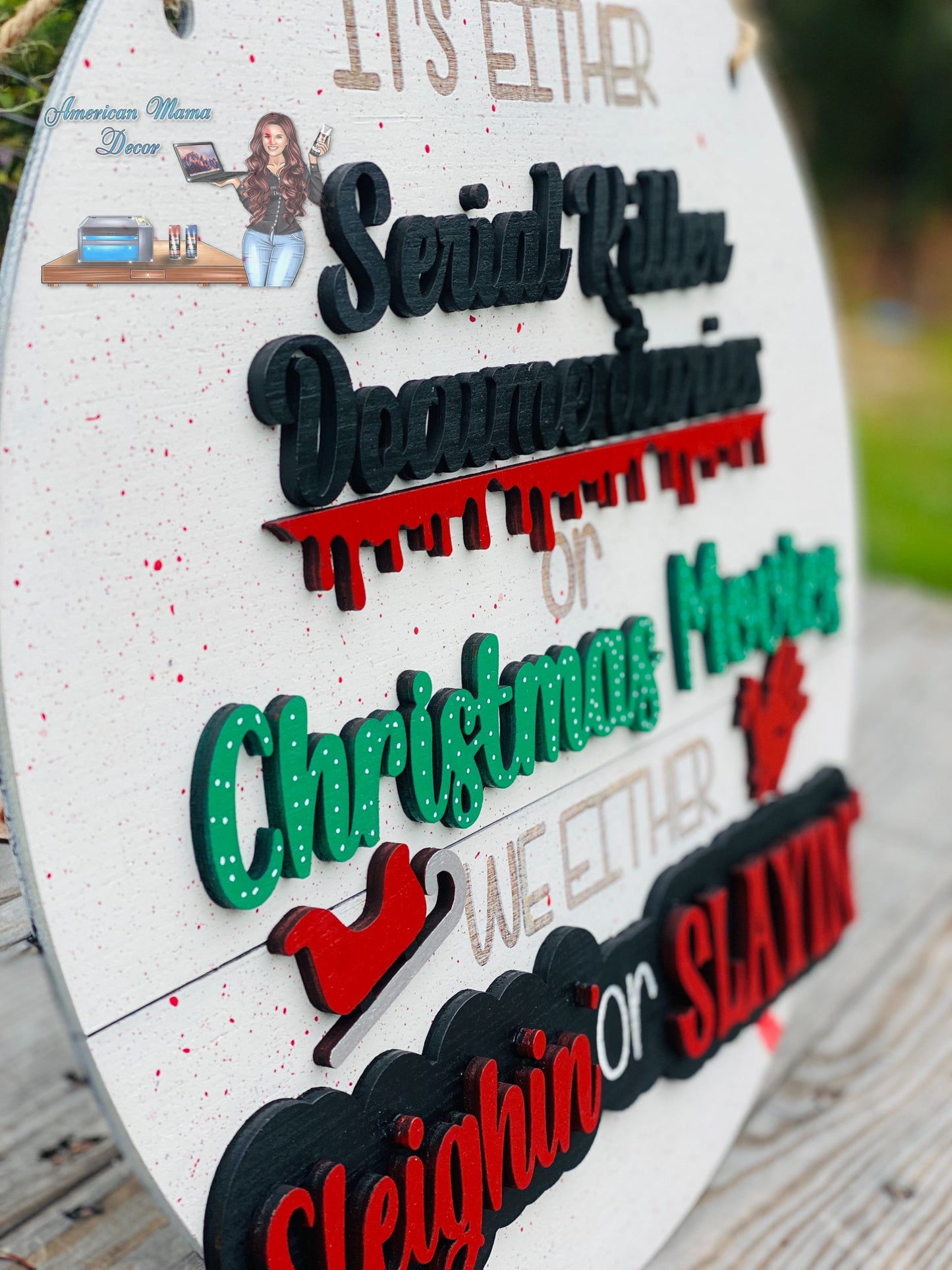 Serial killer documentaries door hanger, sleighing, slaying, Christmas movies, Santa, home decor, true crime, bloody hand, Santa’s sleigh