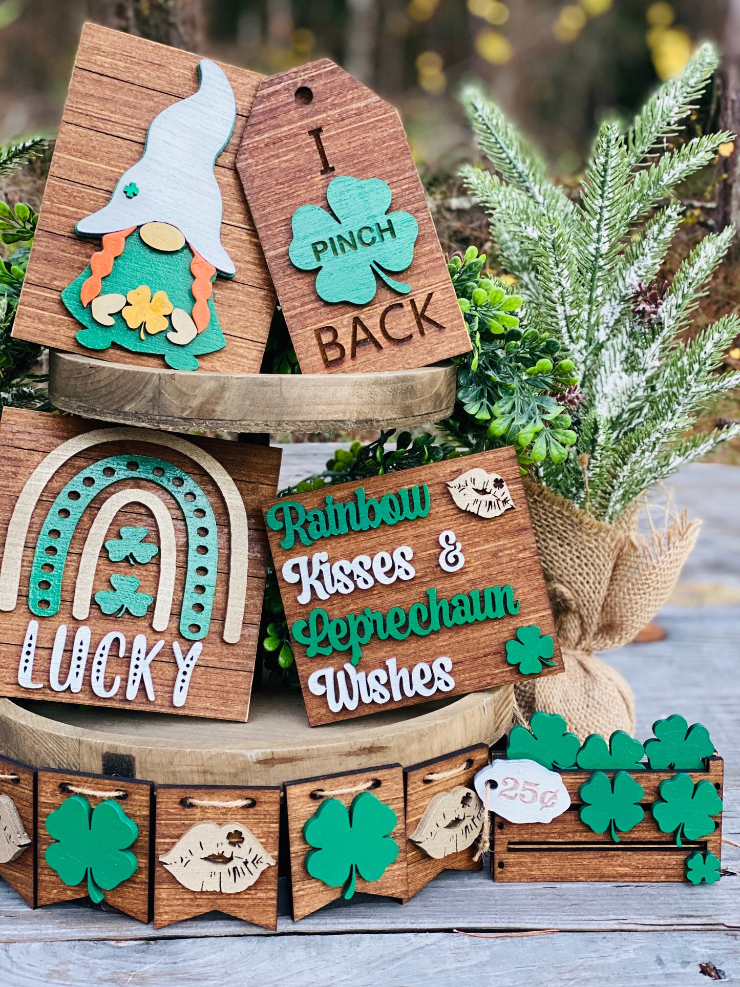 St Patrick’s day tier tray set, home decor, St. Patty’s, Rae dunn decor, leprechaun wishes, rainbow kisses, pot of gold, mini signs, clover