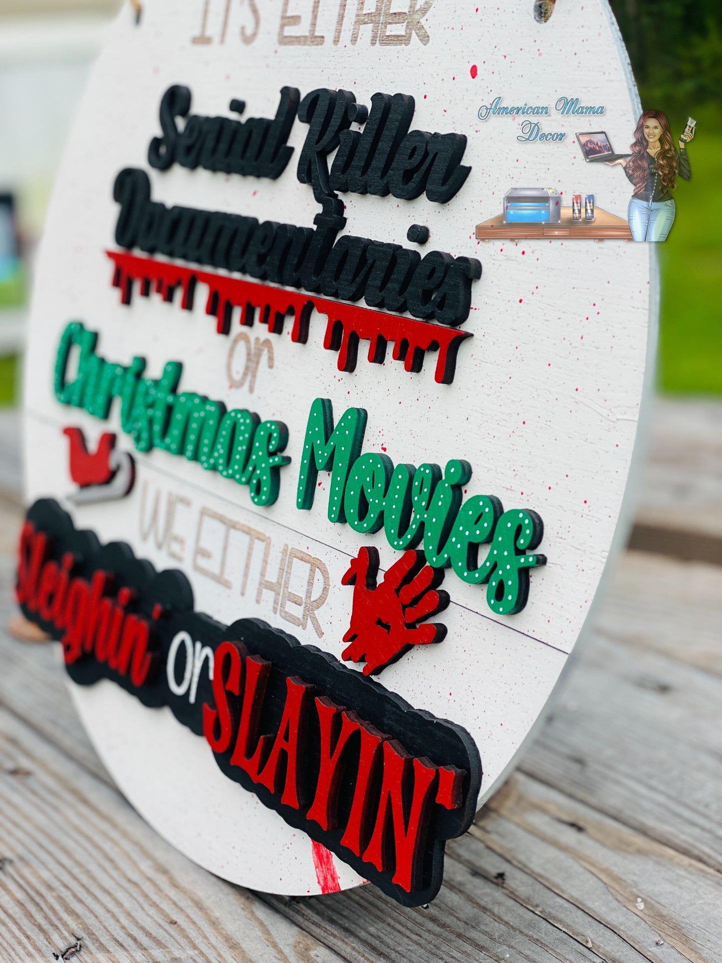 Serial killer documentaries door hanger, sleighing, slaying, Christmas movies, Santa, home decor, true crime, bloody hand, Santa’s sleigh