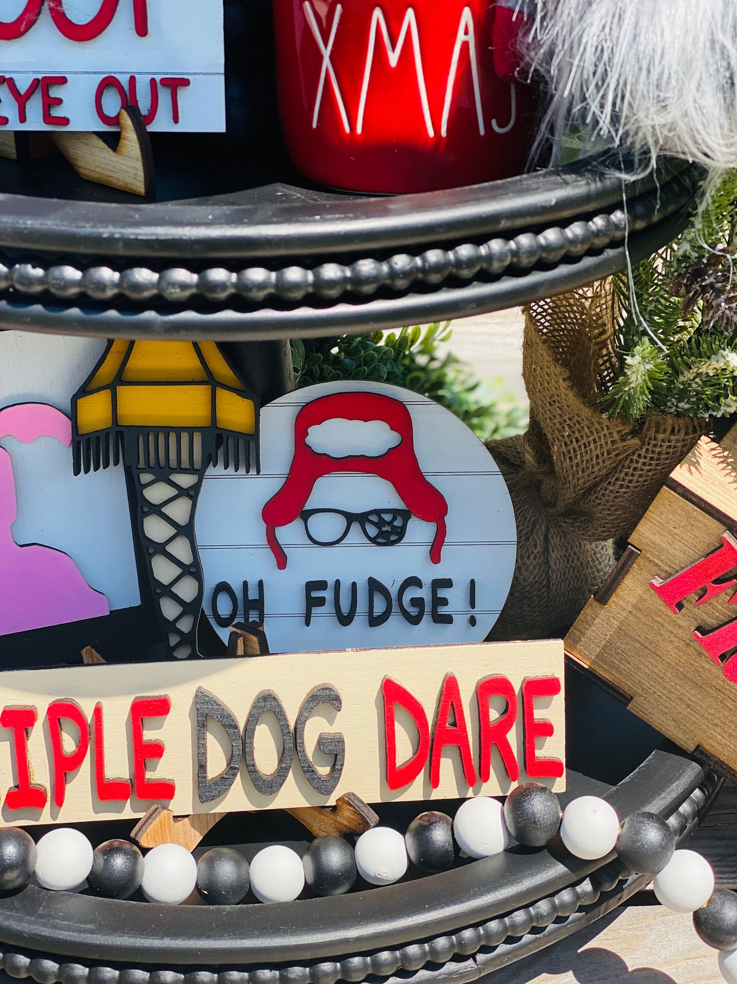 Christmas tier tray decor,Christmas story,shoot your eye out kid,Red Ryder,oh fudge,Christmas story house,fragile box,home decor,leg lamp