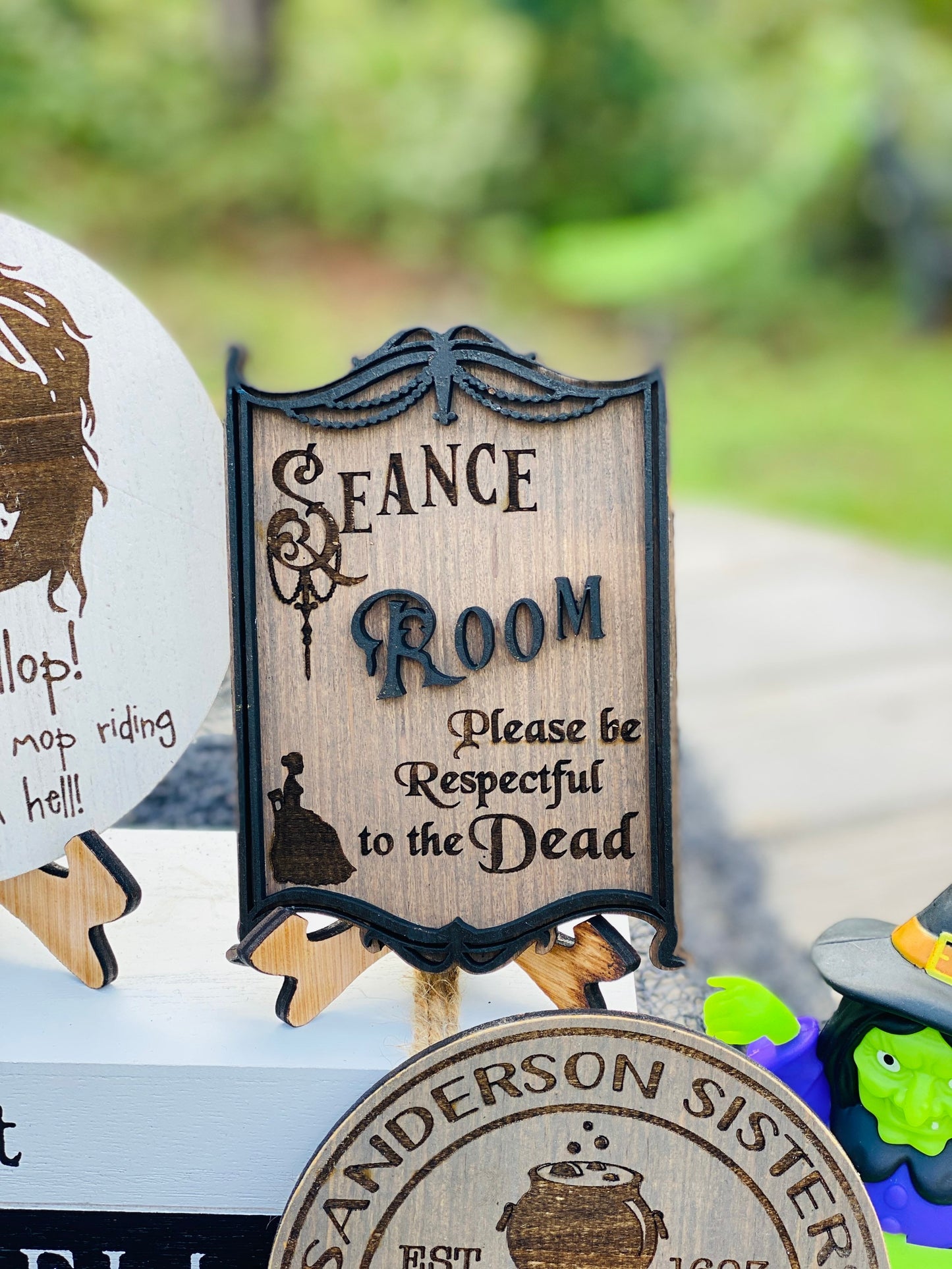 Witches tier tray set, home decor, crystal ball, Witch sisters, ouija board, seance, billy, we fly, halloween,mini signs, brooms, spell book