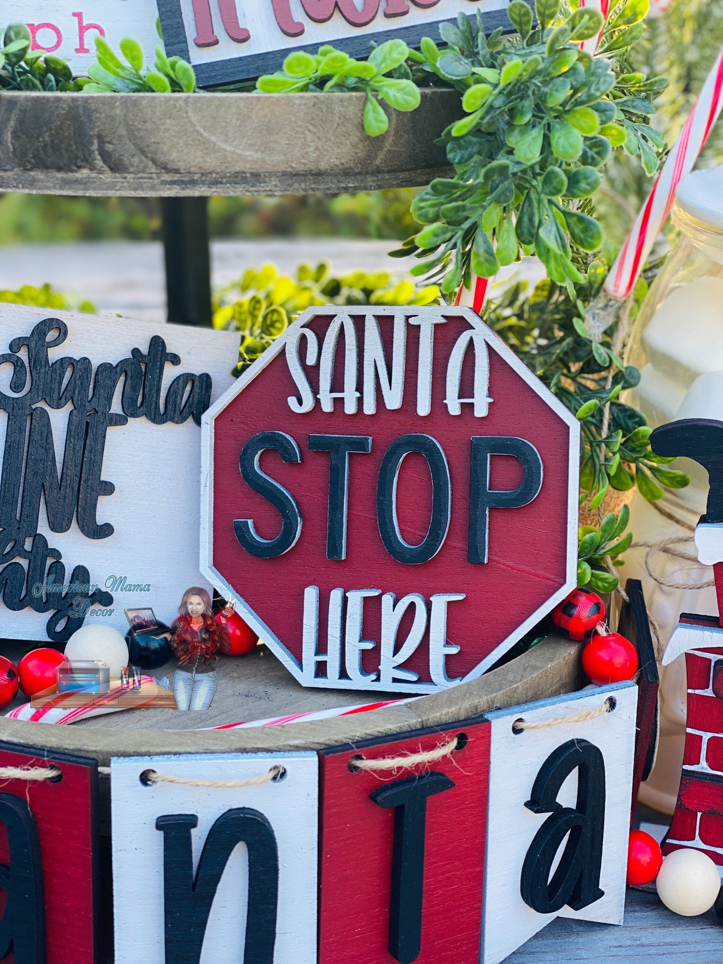 Christmas tier tray decor, Santa stop here, nice list, naughty list, Santa’s reindeer, home decor, Christmas decor, dear Santa, Rudolph