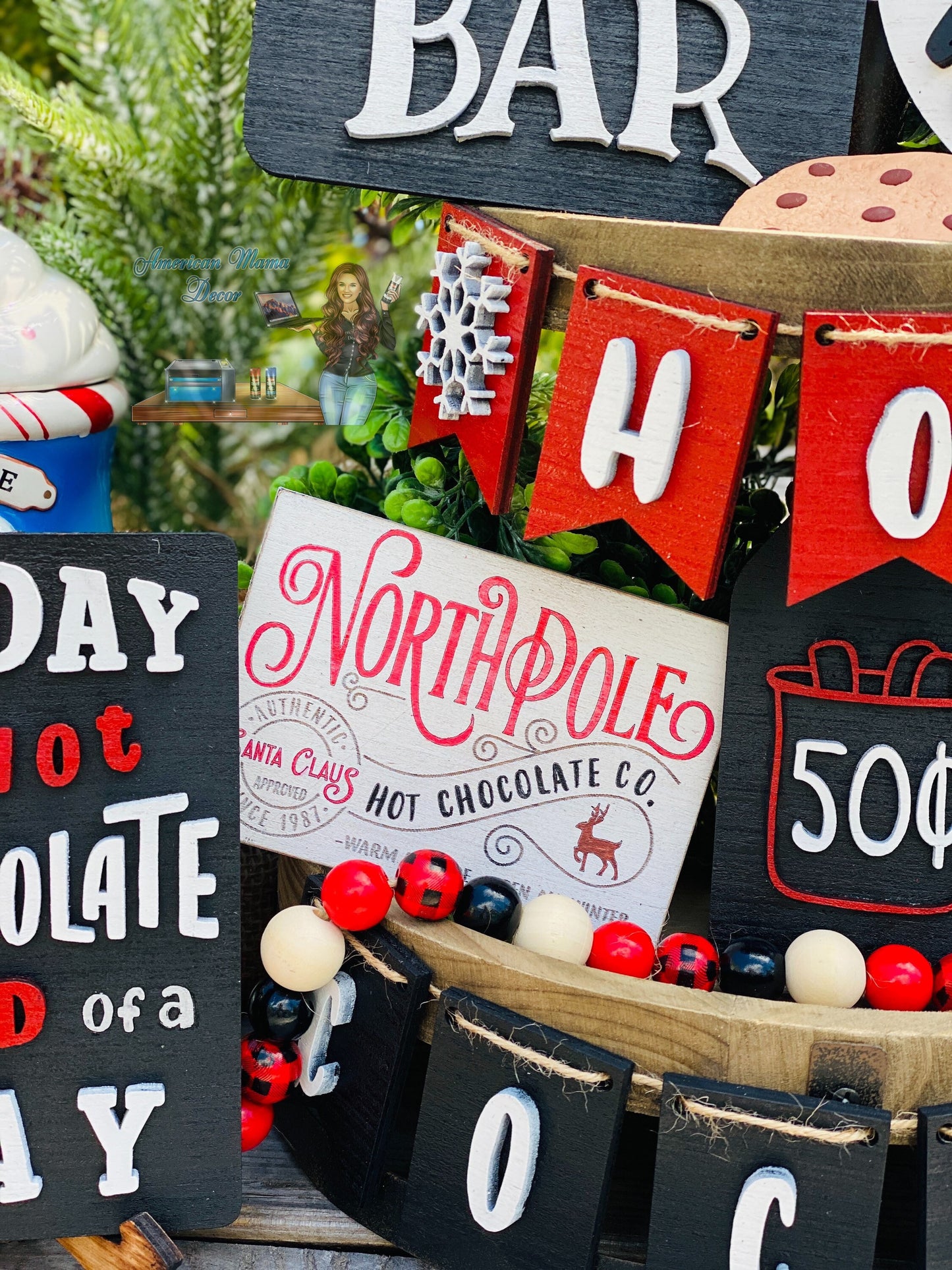 Hot cocoa bar, tier tray decor, hot chocolate, home decor, Christmas decor, stocking stuffers, peppermint sticks, candy canes, marshmallows