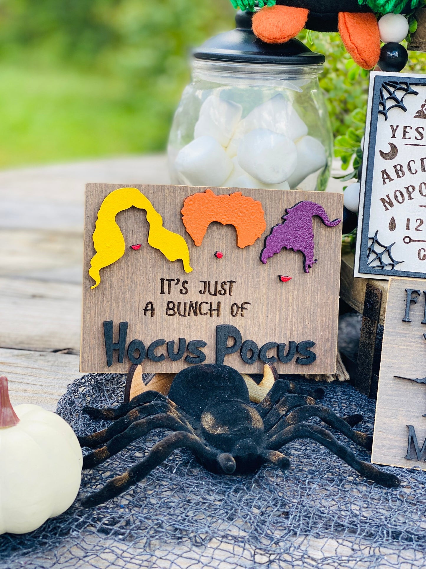 Witches tier tray set, home decor, crystal ball, Witch sisters, ouija board, seance, billy, we fly, halloween,mini signs, brooms, spell book
