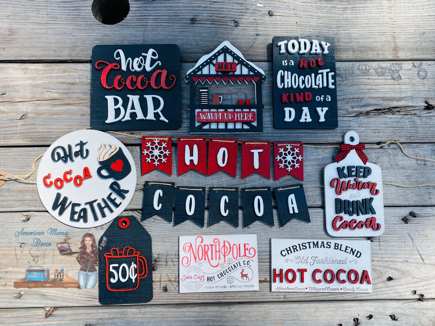 Hot cocoa bar, tier tray decor, hot chocolate, home decor, Christmas decor, stocking stuffers, peppermint sticks, candy canes, marshmallows