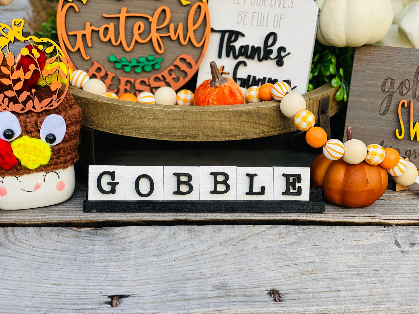 Fall tier tray decor, home decor, autumn, farmhouse, thanksgiving tier tray, 3d, mini signs, give thanks, gobble, drip gravy over me