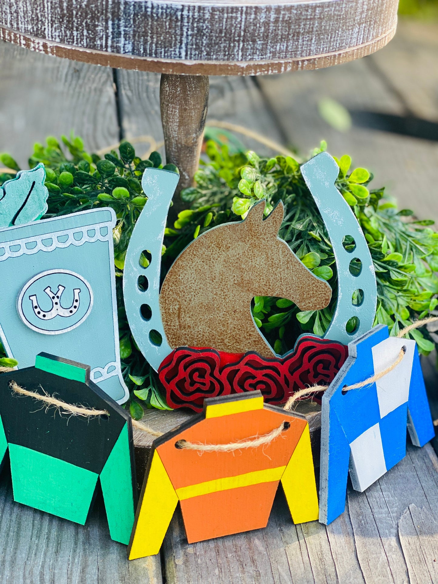 Kentucky derby tier tray set, tier tray decor, talk derby to me, lucky, horseshoe, jockey, race horse, jockey silks, hutch decor