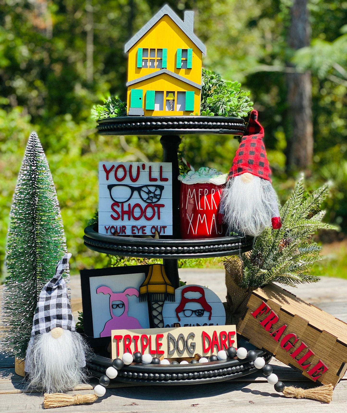 Christmas tier tray decor,Christmas story,shoot your eye out kid,Red Ryder,oh fudge,Christmas story house,fragile box,home decor,leg lamp