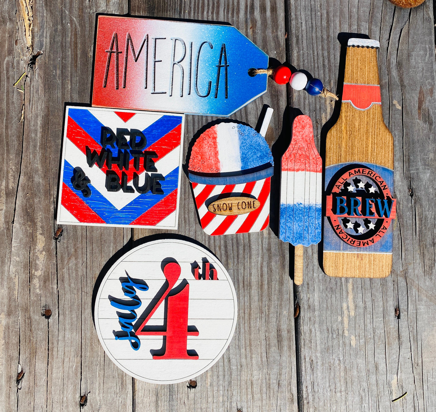 July 4th tier tray decor, 4th of July, Independence Day, USA, red white and blue, all American brew, Rae dunn decor, home decor