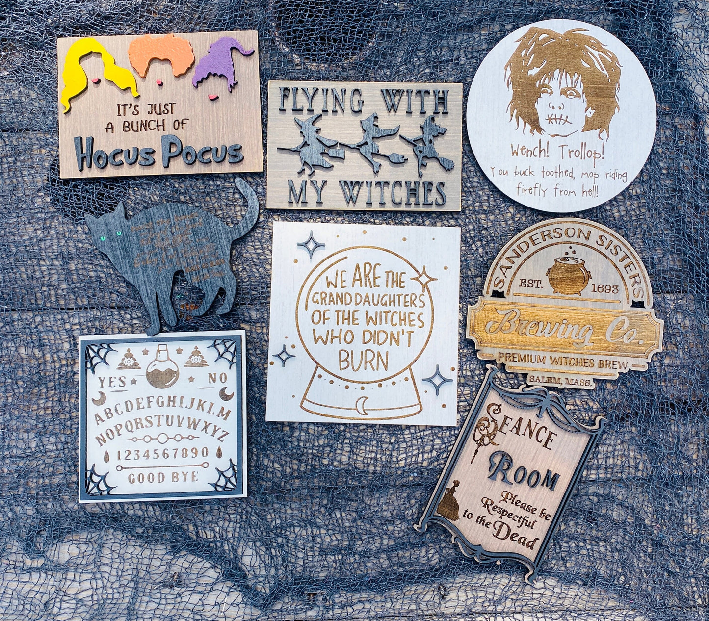 Witches tier tray set, home decor, crystal ball, Witch sisters, ouija board, seance, billy, we fly, halloween,mini signs, brooms, spell book