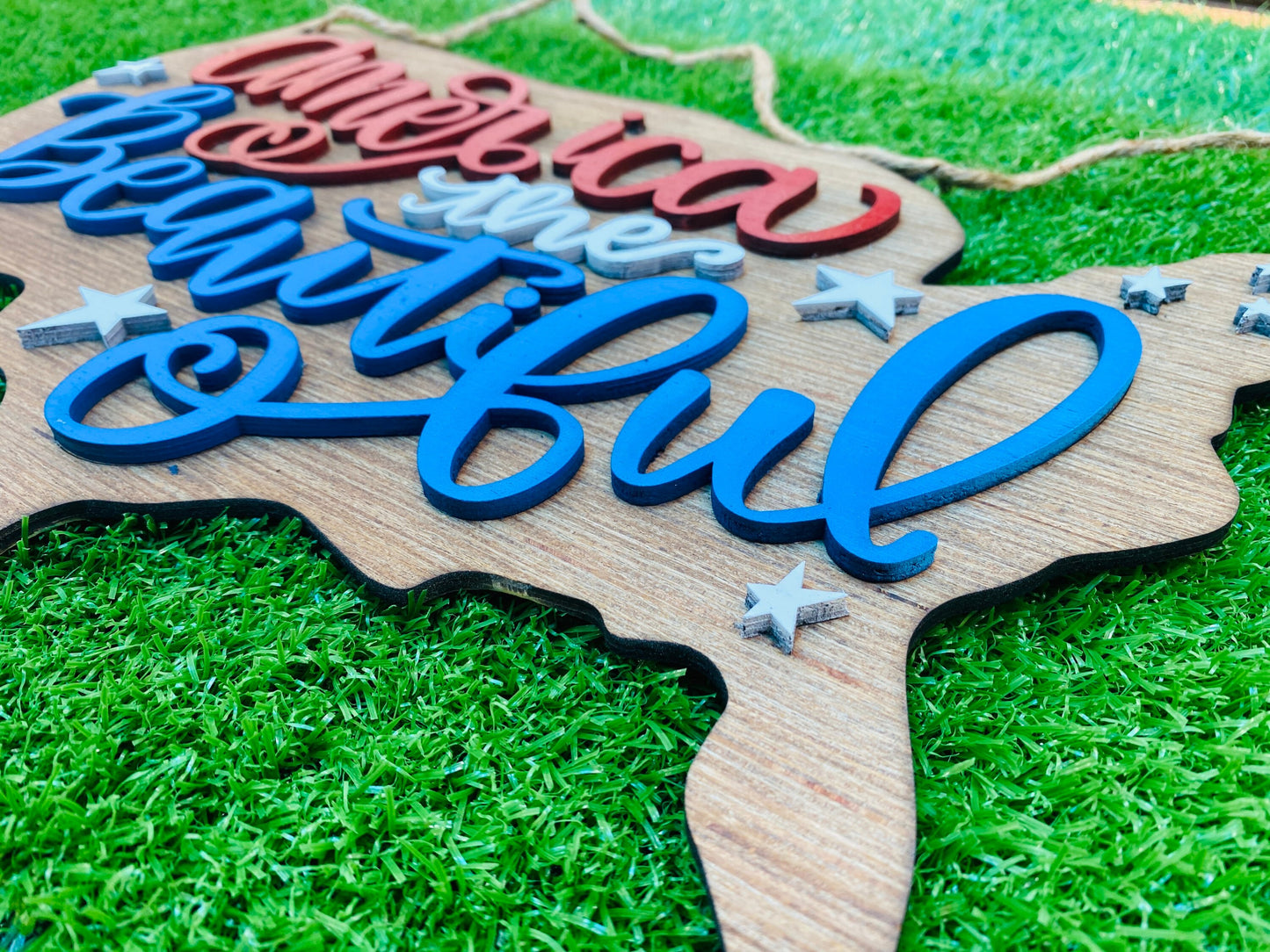 America The Beautiful hanging sign… July 4th Memorial Day red white and blue