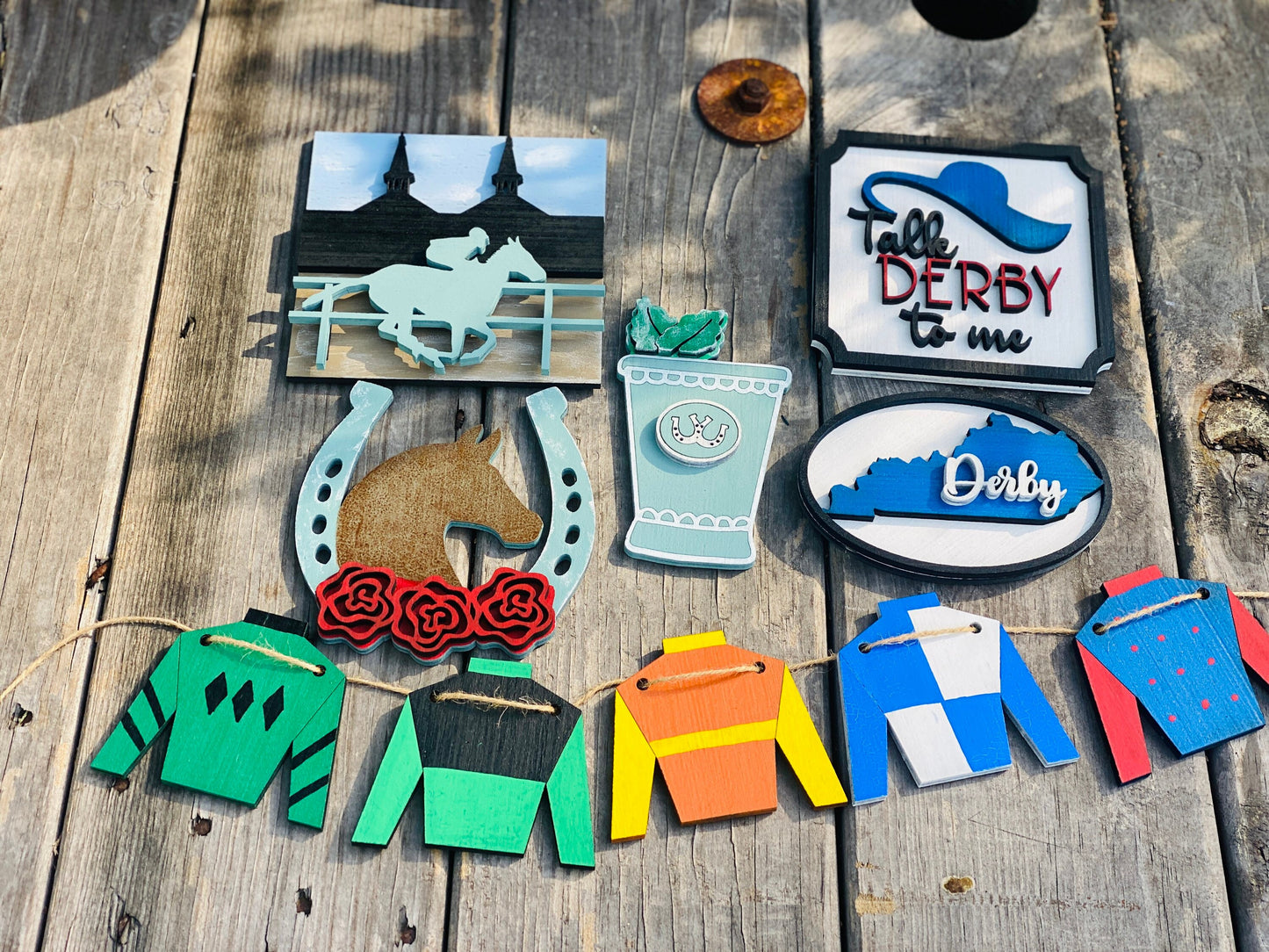 Kentucky derby tier tray set, tier tray decor, talk derby to me, lucky, horseshoe, jockey, race horse, jockey silks, hutch decor