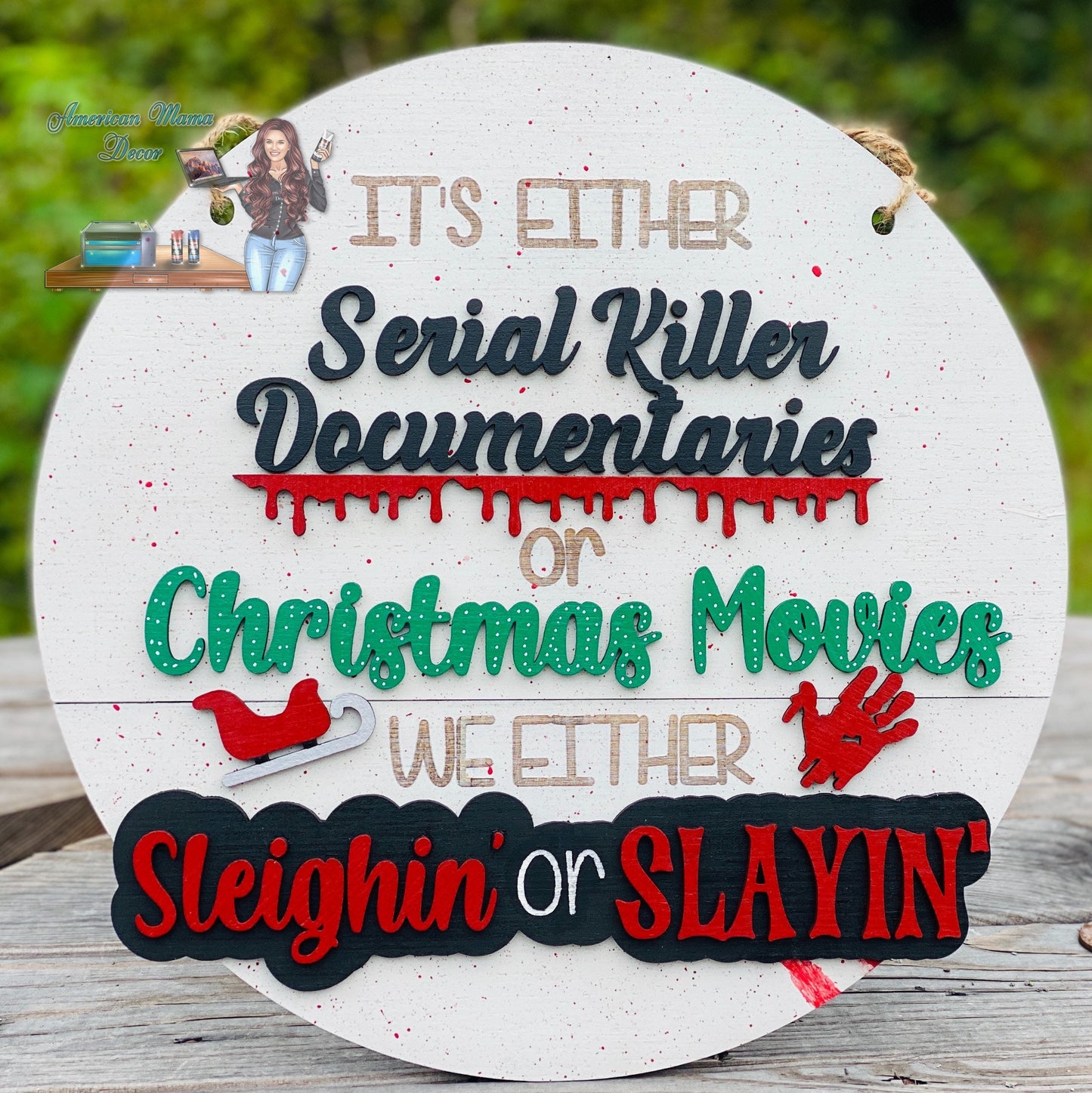 Serial killer documentaries door hanger, sleighing, slaying, Christmas movies, Santa, home decor, true crime, bloody hand, Santa’s sleigh