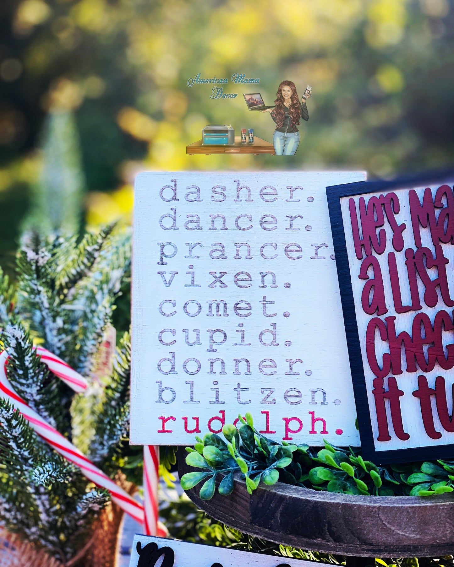 Christmas tier tray decor, Santa stop here, nice list, naughty list, Santa’s reindeer, home decor, Christmas decor, dear Santa, Rudolph