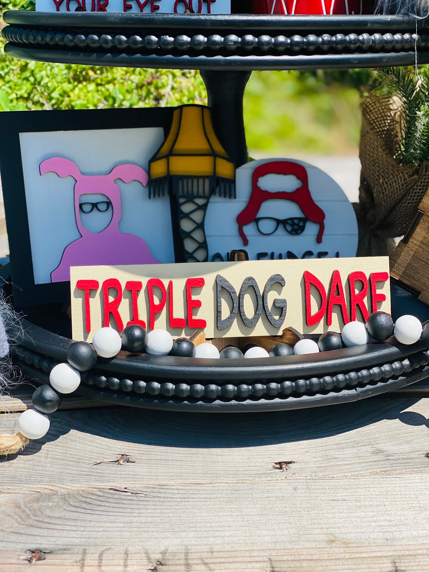 Christmas tier tray decor,Christmas story,shoot your eye out kid,Red Ryder,oh fudge,Christmas story house,fragile box,home decor,leg lamp