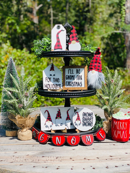 gnome for the holidays tiered tray set, home decor, Rae Dunn, gnomes, gnome sweet gnome,I’ll be gnome for Christmas, Buffalo plaid,holidays