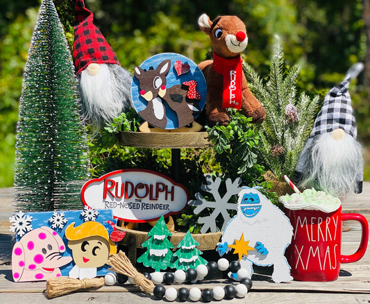 Rudolph the red nosed reindeer,tier tray set, home decor, Christmas, abominable snowman, clarice, hermey,xmas,farmhouse decor,Rae Dunn decor