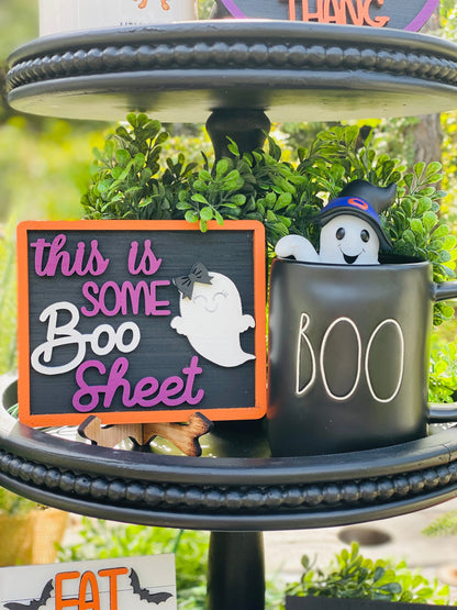 Hey boo, tier tray decor, home decor, Boo sheet, Ghouls, Shake your boo thang, poison, Rae dunn decor, Eat drink be scary, Halloween decor