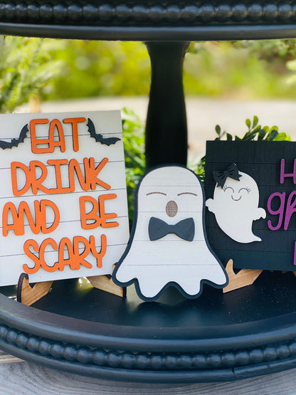 Hey boo, tier tray decor, home decor, Boo sheet, Ghouls, Shake your boo thang, poison, Rae dunn decor, Eat drink be scary, Halloween decor