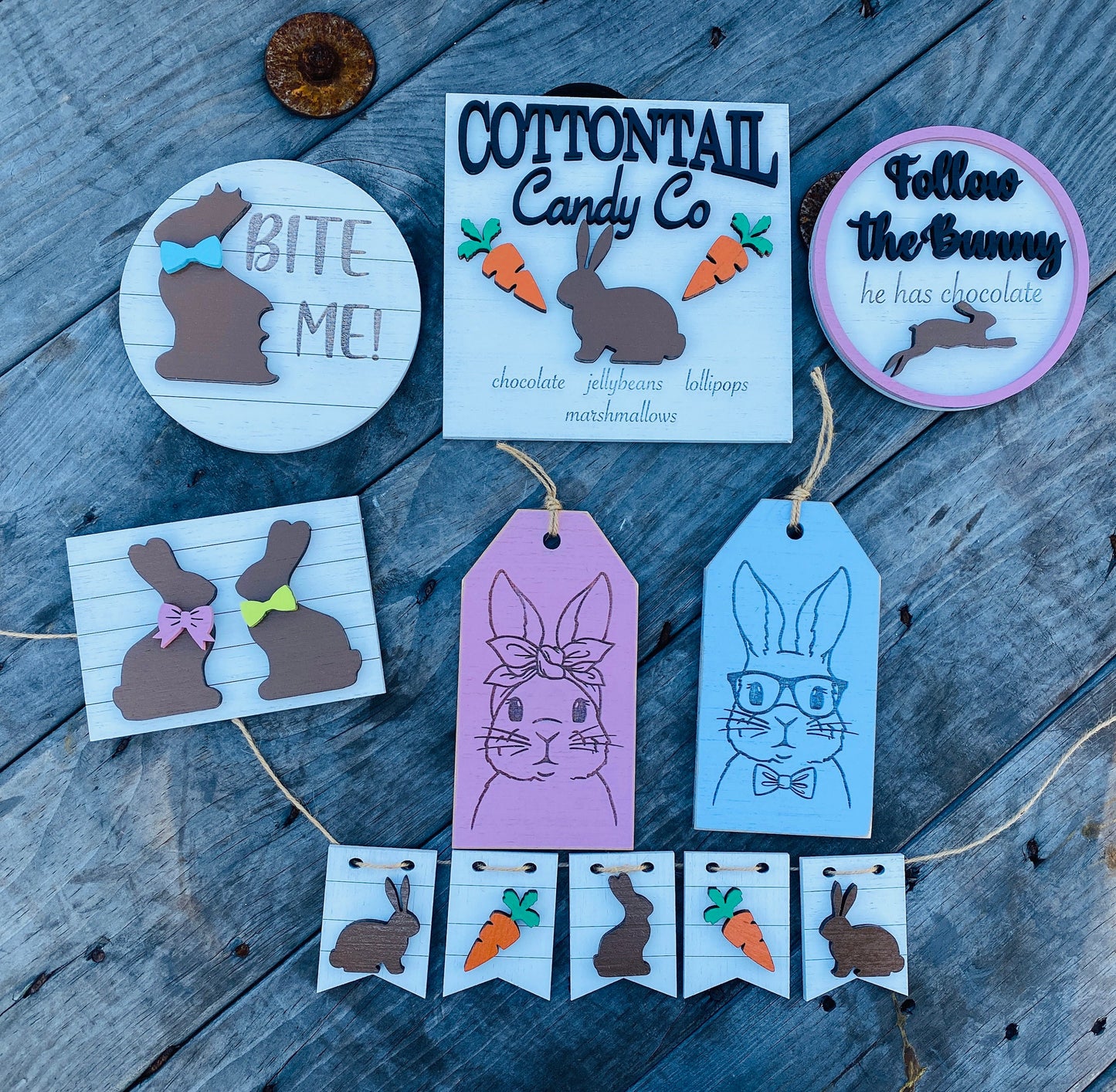 Easter bunny tier tray decor, tier tray set, Rae dunn decor,mini signs,tier tray signs,bite me, cottontail candy co, rabbit, chocolate bunny