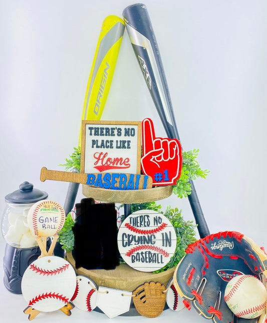 Baseball tiered tray decor, home decor, tier tray set, baseball mom, Rae dunn decor, hit hard, run fast, no crying in baseball