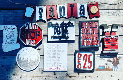 Christmas tier tray decor, Santa stop here, nice list, naughty list, Santa’s reindeer, home decor, Christmas decor, dear Santa, Rudolph