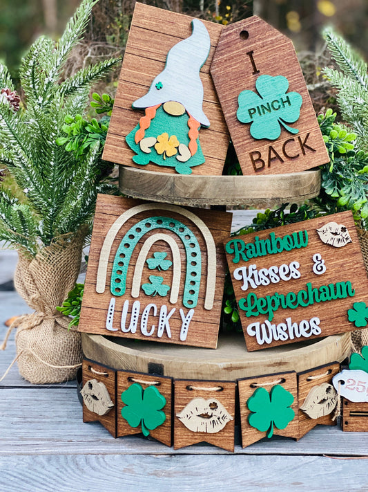 St Patrick’s day tier tray set, home decor, St. Patty’s, Rae dunn decor, leprechaun wishes, rainbow kisses, pot of gold, mini signs, clover
