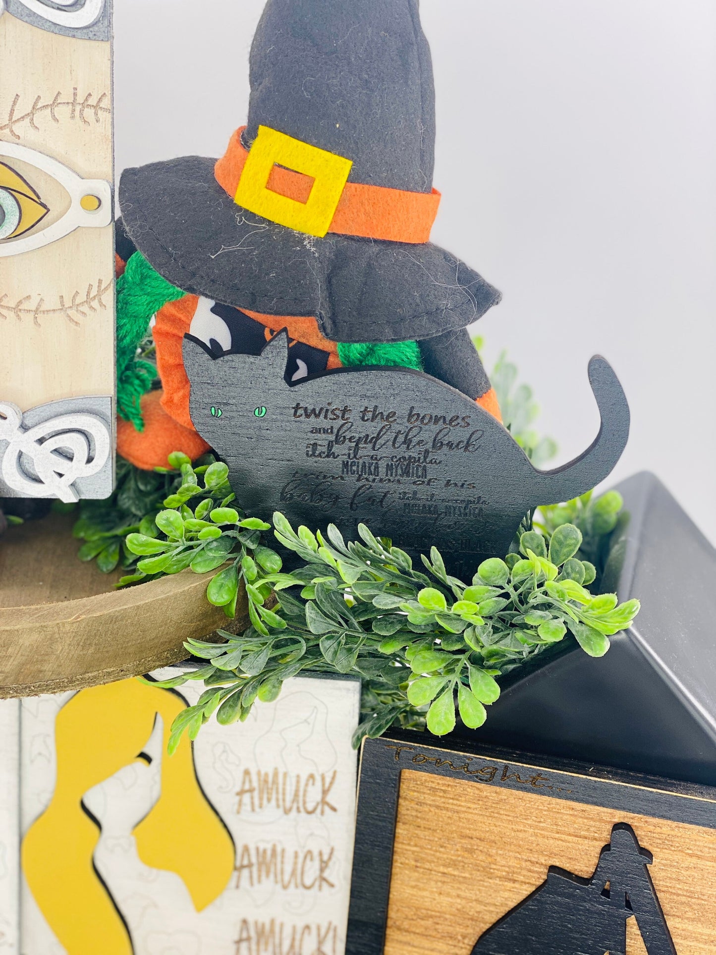 Witch tiered tray decor,home decor,Halloween, spellbook,black cat,put a spell on you,smell children,broom rides,we fly tonight,witches