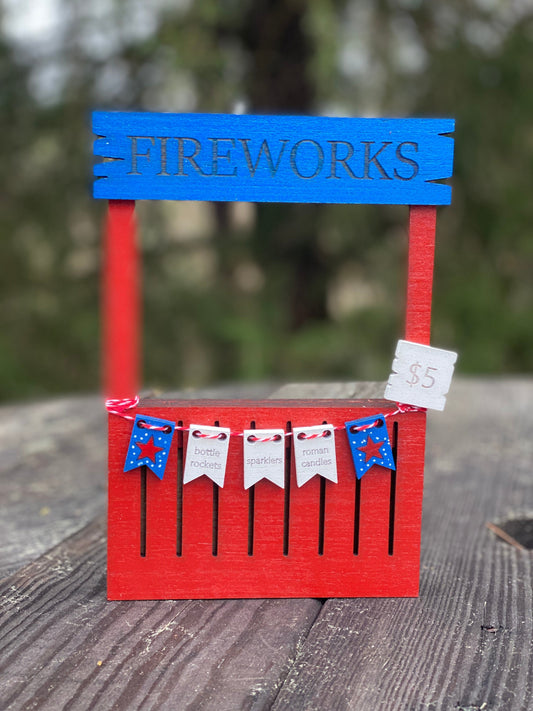 Wooden mini fireworks stand, bottle rockets, sparklers, Roman candles, tier tray decor, home decor, america, usa, 1776, red white blue