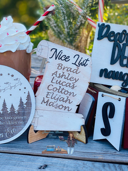 Christmas tier tray decor, Santa stop here, nice list, naughty list, Santa’s reindeer, home decor, Christmas decor, dear Santa, Rudolph