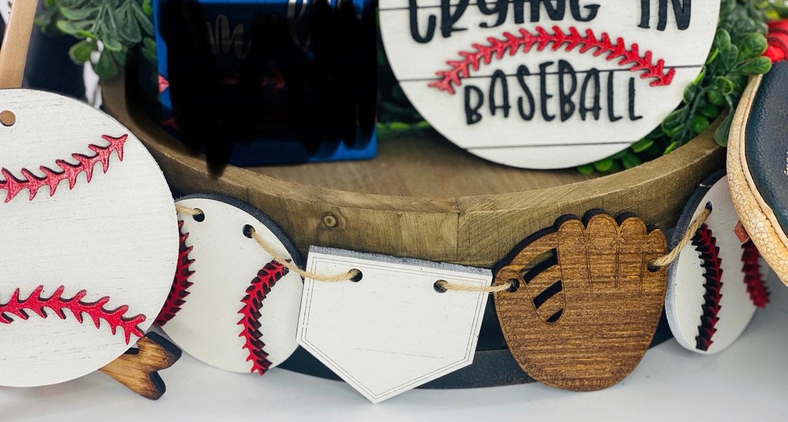 Baseball tiered tray decor, home decor, tier tray set, baseball mom, Rae dunn decor, hit hard, run fast, no crying in baseball