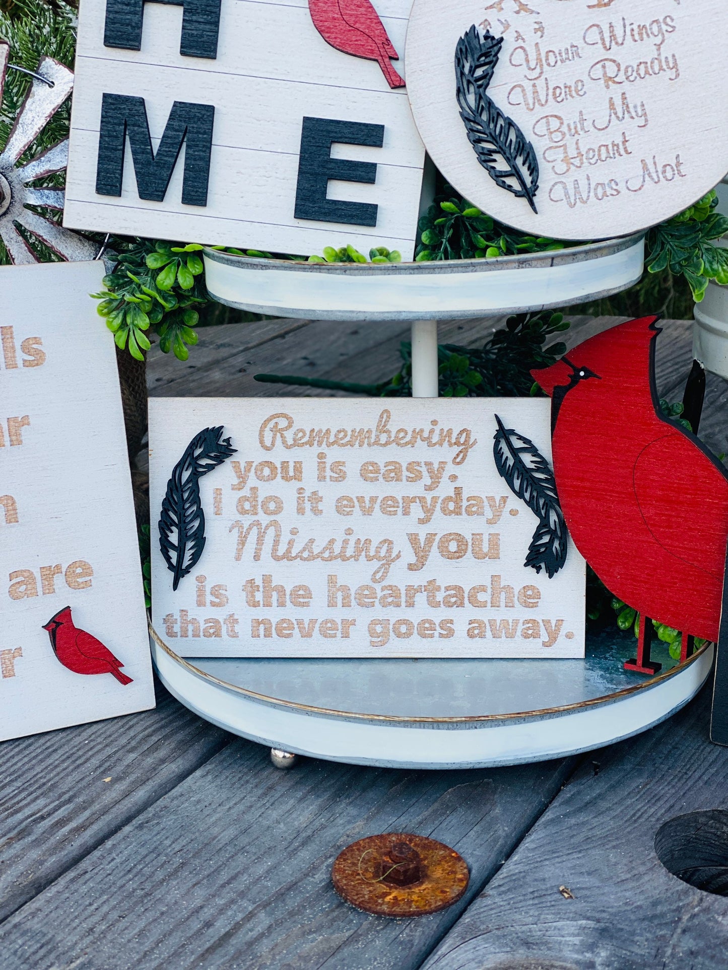 Memorial tier tray decor, cardinals, home decor, Rae dunn decor, angels appears, missing you, wings were ready, farmhouse decor, tier tray
