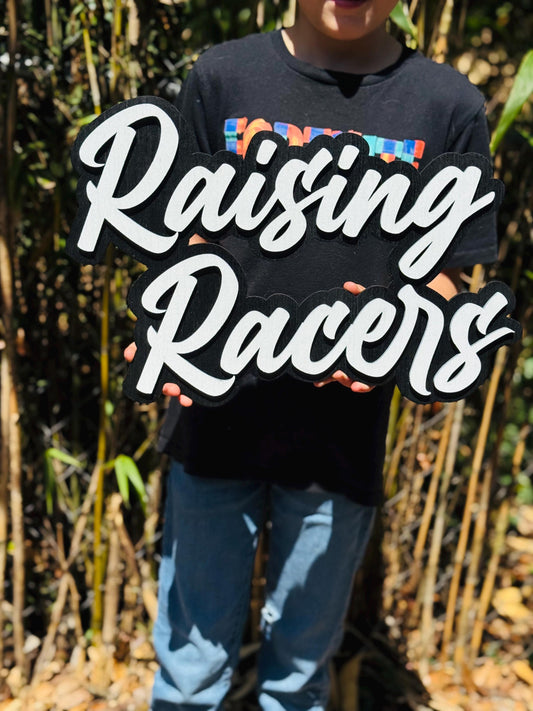 Raising Racers Wood Sign – Handcrafted Racing Family Decor | Gift for Racing Moms, Dads, and Kids | Motorsports-Inspired Wall Art