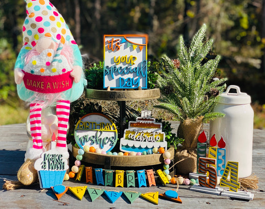 Birthday tier tray decor, celebration, birthday home decor, tier tray set, Rae dunn decor, celebrate, party, special day, birthday wishes