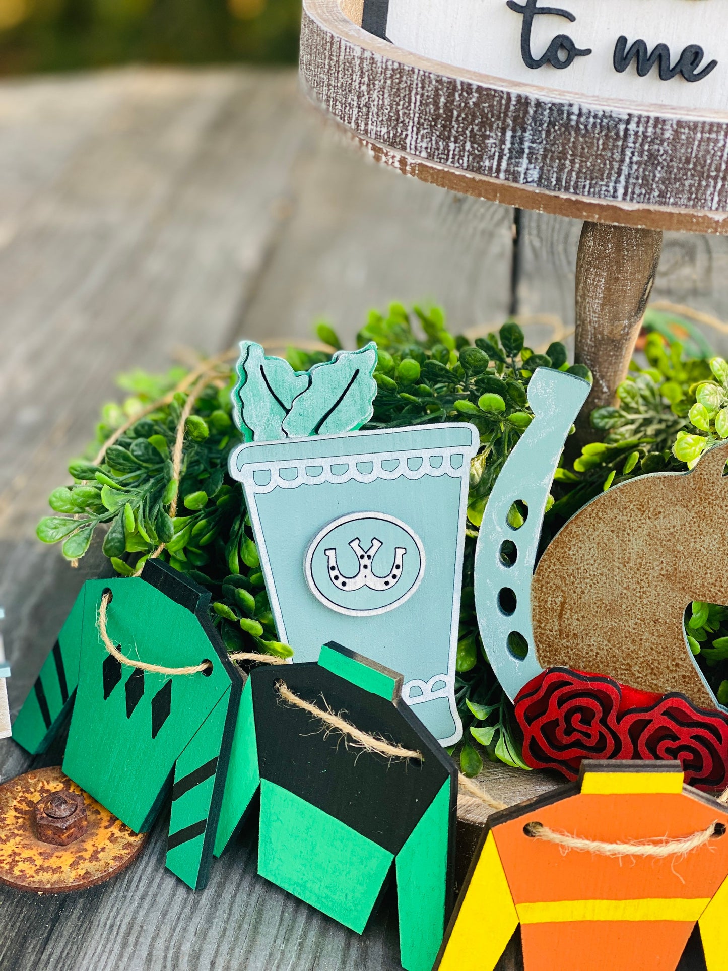 Kentucky derby tier tray set, tier tray decor, talk derby to me, lucky, horseshoe, jockey, race horse, jockey silks, hutch decor