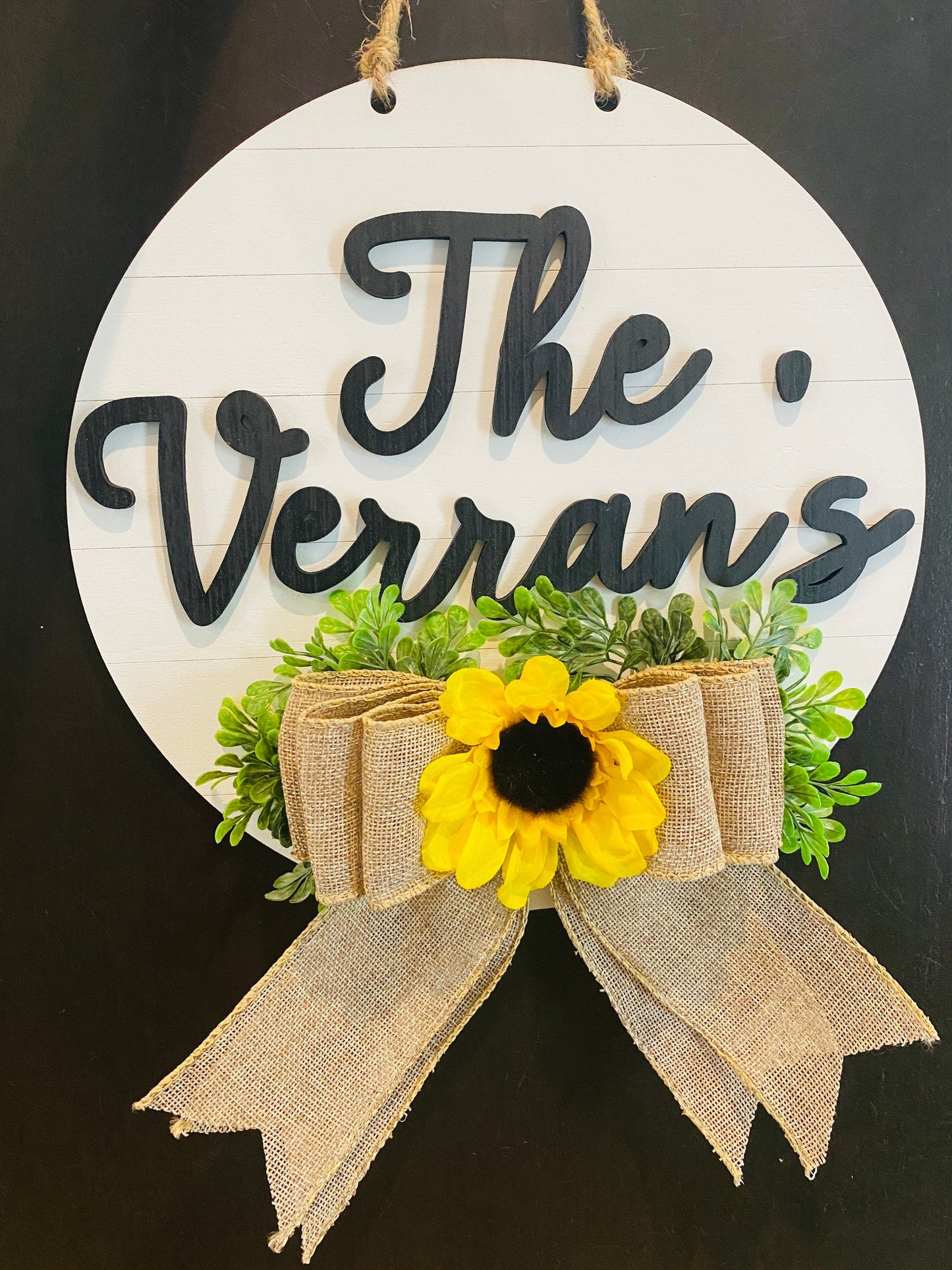 Custom family name door hanger, shiplap, farmhouse, burlap bow, sunflowers, personalized gifts, custom orders, realtor gifts, home decor