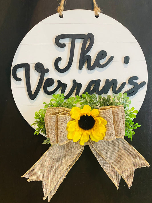 Custom family name door hanger, shiplap, farmhouse, burlap bow, sunflowers, personalized gifts, custom orders, realtor gifts, home decor