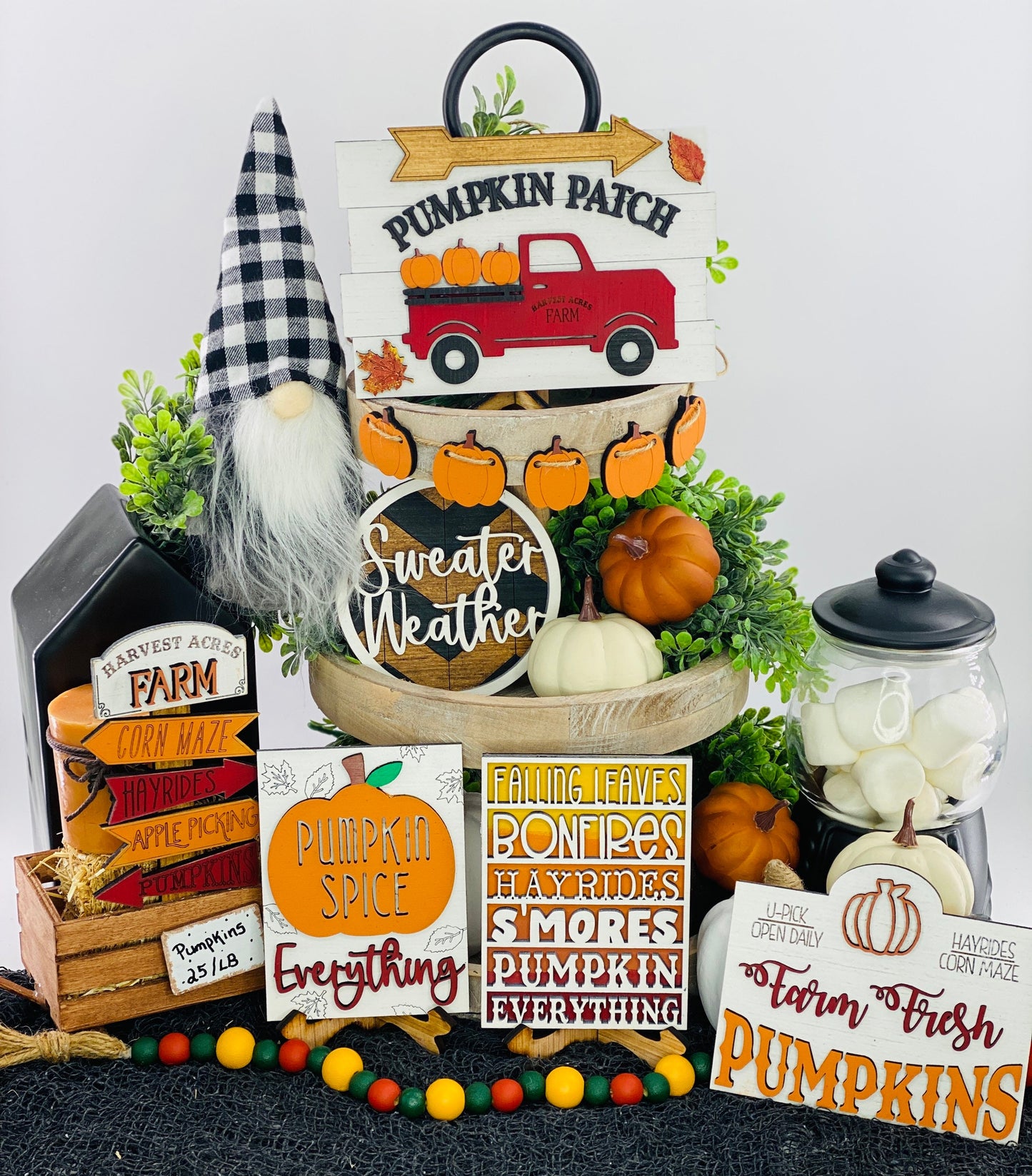 Fall tiered tray decor,pumpkin patch,pumpkin spice everything,corn maze,hayrides,apples,pumpkins,bonfires,flannel,smores,sweater weather