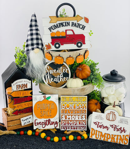 Fall tiered tray decor,pumpkin patch,pumpkin spice everything,corn maze,hayrides,apples,pumpkins,bonfires,flannel,smores,sweater weather
