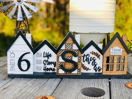 Standing houses centerpiece, family home, mantle decor, personalized gifts, farmhouse decor, Rae dunn decor, table centerpiece, table decor